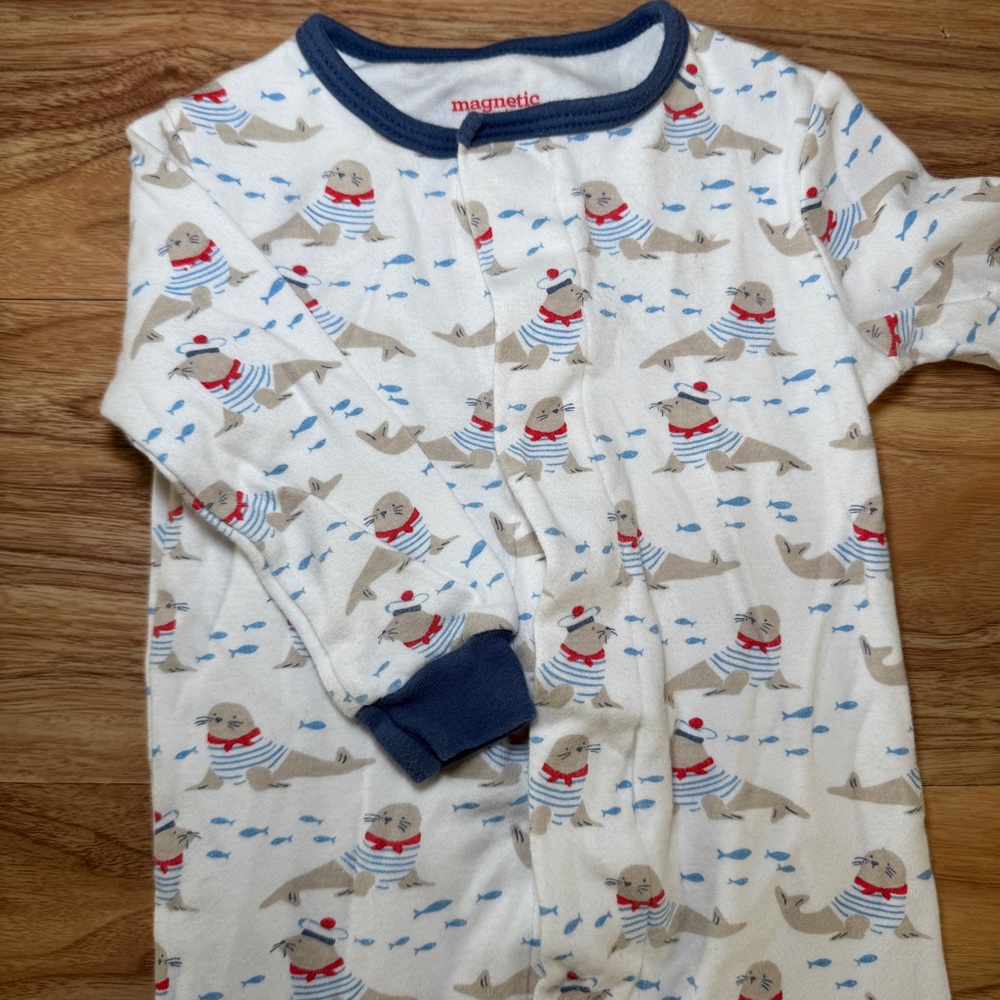 Magnetic Me Seal Print Baby Onesie with Navy Trim